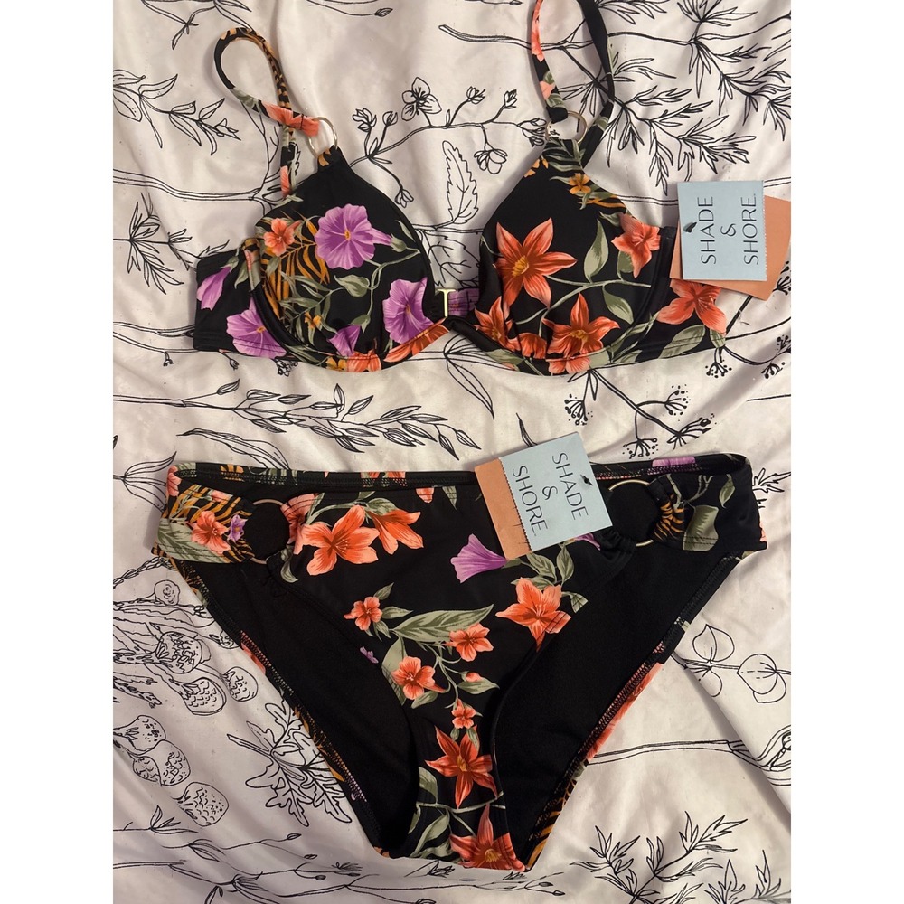 NEW Shade‎ & Shore Black Floral Underwire Bikini 2pc Swimsuit, 32B/M